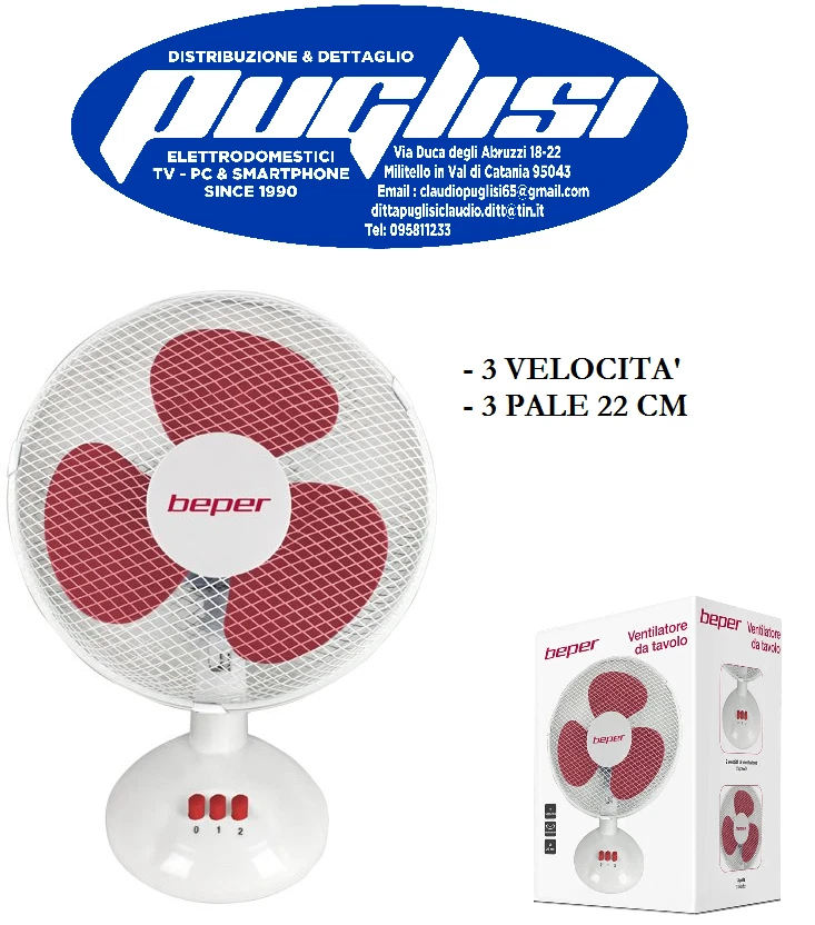 VENTILATORE DA TAVOLO 3 PALE 22 CM 2 VELOCITA' GRIGLIA IN ACCIAIO BEPER VE.202H - Immagine 1 di 1