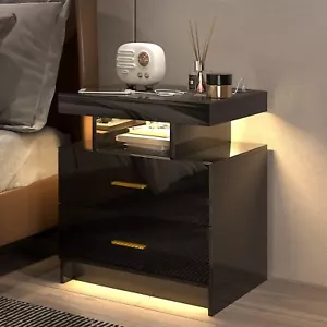 Smart Bedside Table LED Night Stand with 2 Drawers Storage Human Induction Light - Picture 1 of 7