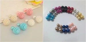 Double Faux Pearl Ball Breaded Stud Earrings Women with Gift Bag Various Colours - Picture 1 of 16