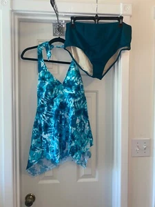KIM GRAVEL x SWIMSUITS FOR ALL Hanky Halter Top & Brief TAHITI TIE-DYE sz 16 - Picture 1 of 4