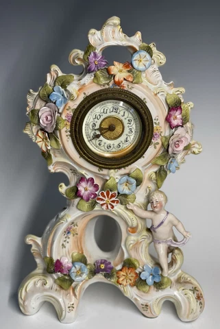 Antique England Porcelain Mantel Clock w/ Cherub Baby & Floral Applique Nouveau Cover