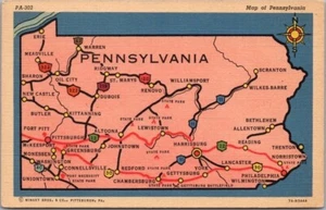 Postal de saludos de colección de Pennsylvania mapa de carretera lino CURTEICH / 1937 sin usar - Imagen 1 de 2
