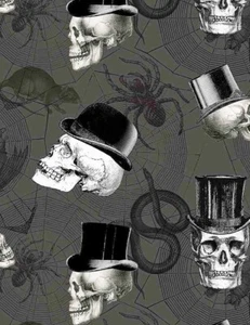 Yard ~ Halloween Skulls In Hats Timeless Treasures $3.99 Ships ANY Amount Fabric - Picture 1 of 6