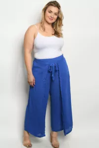 Women's Plus Size Casual Embroidered Wide Leg Overlay Blue Pants - Picture 1 of 3