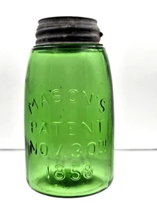 Tarro enano de pinta de patente de albañiles serie Drean verde esmeralda 1858 y tapa antigua - Imagen 1 de 9