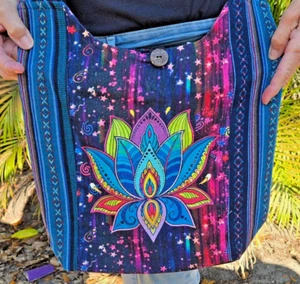 RISING INTERNATIONAL Nepal HOBO BAG LOTUS FLOWER on FRONT and CROSSBODY STRAP - Picture 1 of 3