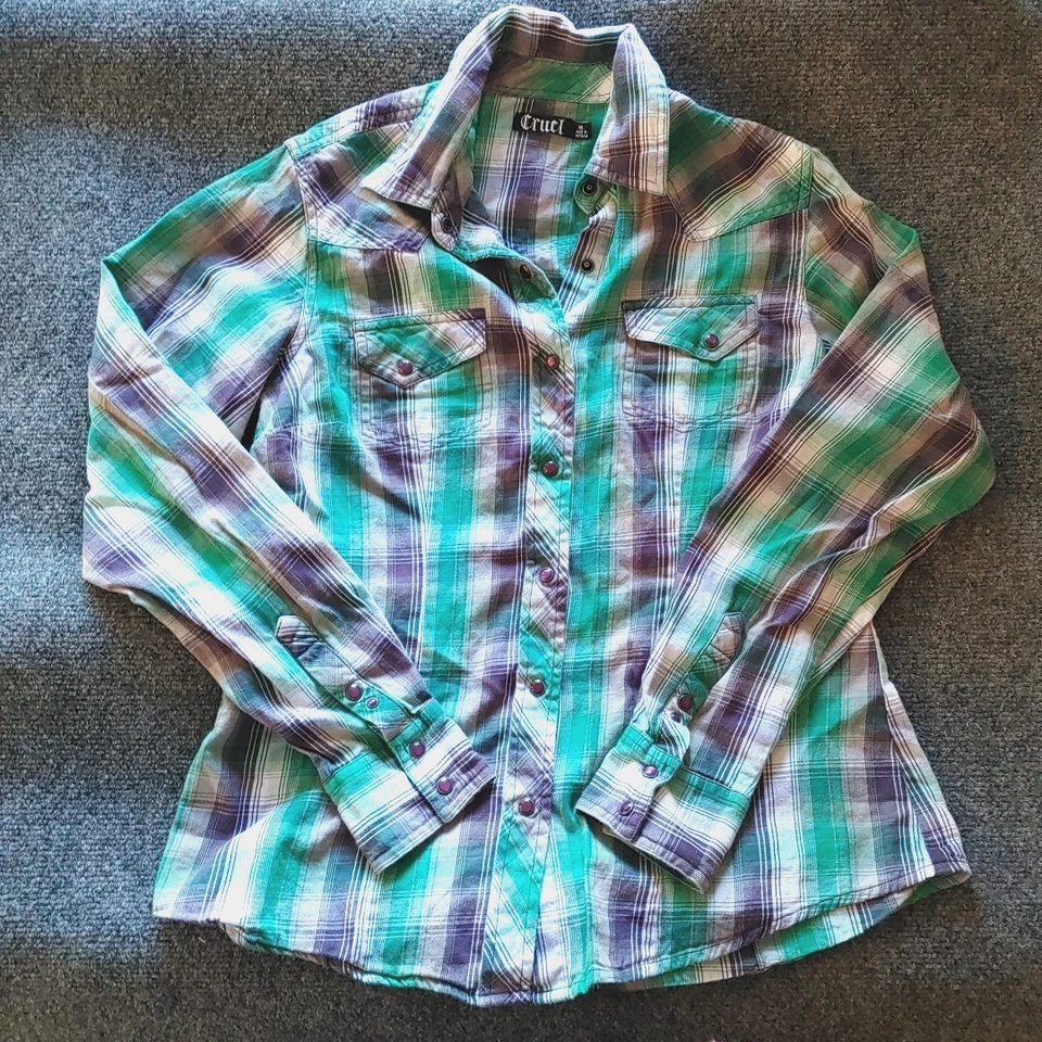 Cruel Girl Shirt Womens Medium Green Purple Plaid Western Snap Long Sleeve - Image 1 of 4