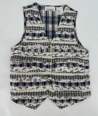 Vintage Casey & Max Vest Womens Small Lace Trim V-Neck Floral Plaid Button Front - Image 1 of 4