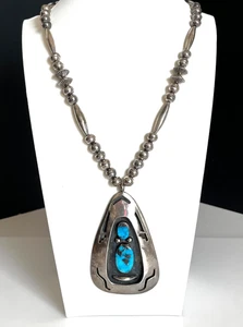 VTG Heavy Navajo Sterling Silver Shadowbox Kingman Turquoise Pendant Necklace25" - Picture 1 of 6