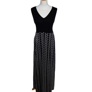 Hobbs UK 12 Black Jersey Sleeveless Maxi Dress Geo Print Skirt Waist Ties - Picture 1 of 7