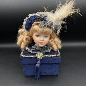 Dan Dee Collectors Choice Porcelain Doll Head on Blue Velvet & Satin Box - Picture 1 of 8