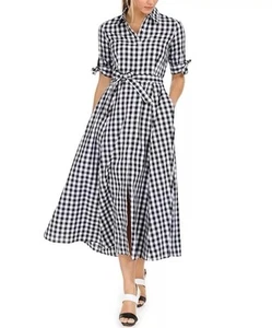 NEW Calvin Klein Midi Dress Petite 12 Black White Gingham Button Front Timeless - Picture 1 of 16