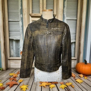 Harley Davidson Size S Rare Factory Distressed Leather Brown Riding Tiger Jacket - Picture 1 of 11
