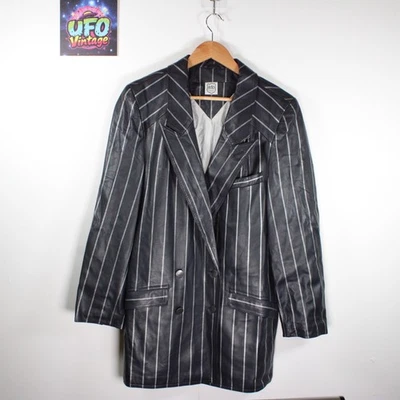 Vintage Leather Pinstripe Jacket Mens Medium Black Gangster Mafia 70s TV Film - Image 1 of 4