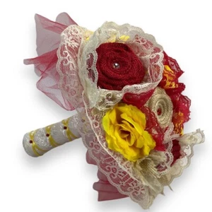 Bride Wedding Bouquet Red Yellow White Cream Burlap Rose Flower Lace Handmade - Picture 1 of 5