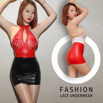 Women Wet Look Pu Leather Bodycon Dress Lace Mini Dress Cocktail Party Clubwear - Image 1 of 4