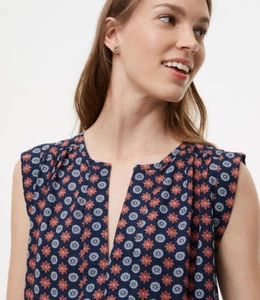NWT Ann Taylor LOFT Floral Mosiac Split neck tunic shell top Blouse navy blue - Picture 1 of 3