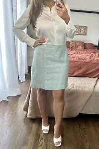 Ann Taylor Loft Size 12 Seafoam Tweed Linen Cotton Blend Metallic Skirt - Picture 1 of 9