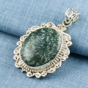 MOSS AGATE PENDANT 2 1/8" 925 sterling silver jewelry + FREE GIFT - Picture 1 of 2