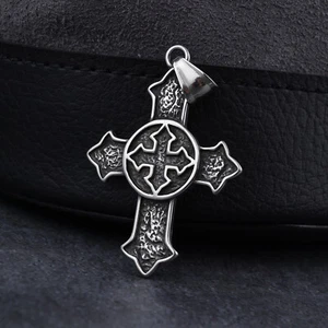 Vintage Religious Stainless Steel Double Cross Pendant Necklace Chain - Picture 1 of 5