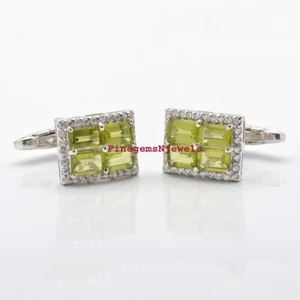 Natural Peridot & CZ Gemstones with 925 Sterling Silver Cufflinks For Men's #509 - Picture 1 of 6