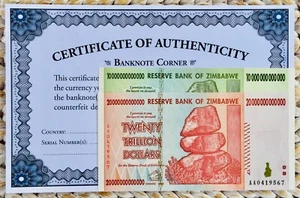 ZIMBABWE 10 AND 20 TRILLION DOLLARS SET 2008 AA UNC UV PASSED COA CERTIFICATE - Picture 1 of 9