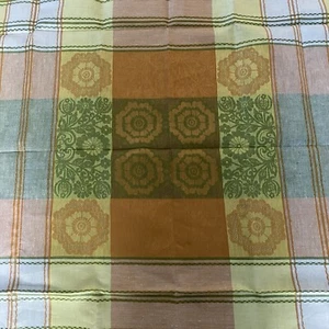 Vintage Mid Century Fabric Tablecloth Orange Yellow Green Plaid Floral - Picture 1 of 10
