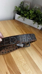 ED HARDY Women’s Belt Brown Spell out Handmade Sz S Studded Stitching Bohemian - Picture 1 of 9