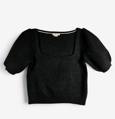 Suéter Recortado Boden Negro Grande Lana Mohair Manga Abullonada Cuello Cuadrado Suave Difuso Foto 1 de 4