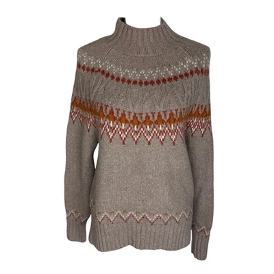 Artelier Nicole Miller Fair Isle Mock Neck Sweater Taupe Orange White Medium - Image 1 of 4