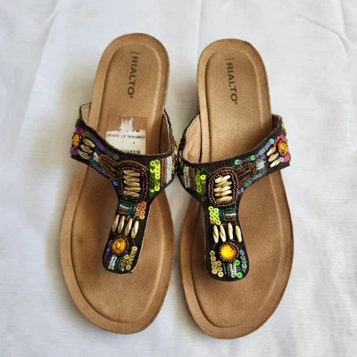 Sandalias Mujer 11 M Cuero Adornado Cuña Chanclas Crucero Resort Boho Rialto Foto 1 de 4