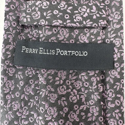 Corbata Perry Ellis Para Hombres 100% Seda Gris con Flores Rosas Clásica Foto 1 de 4