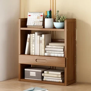 Desktop Bookcase Bamboo Storage Rack Organizer Bookshelf Display Shelf w/ Drawer - Picture 1 of 26