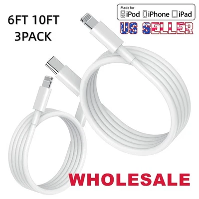 3-PACK Fast Charger Cable Type 6/10ft USB C PD Cord to For iPhone 14 13 12 11 X - Image 1 of 4