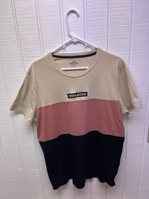 Camiseta Hollister Hombre Grande Cuello Redondo 100% Algodón Beige/Rosa/Negro Logo Bordado Foto 1 de 4