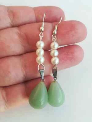 ORECCHINI GIADEITE BIRMANA NATURALE GOCCIA CON PERLE D'ACQUA DOLCE E ARGENTO 925 - Immagine 1 di 4