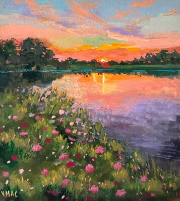 原版风景画印象派签名日落花卉花卉墙艺术 — 第 1/3 张图片