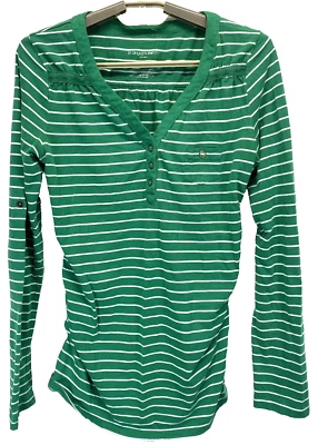 Liz Lange Maternity Women S Top Green Stripe Long Sleeve Round Neck Ruched Sides - Image 1 of 4