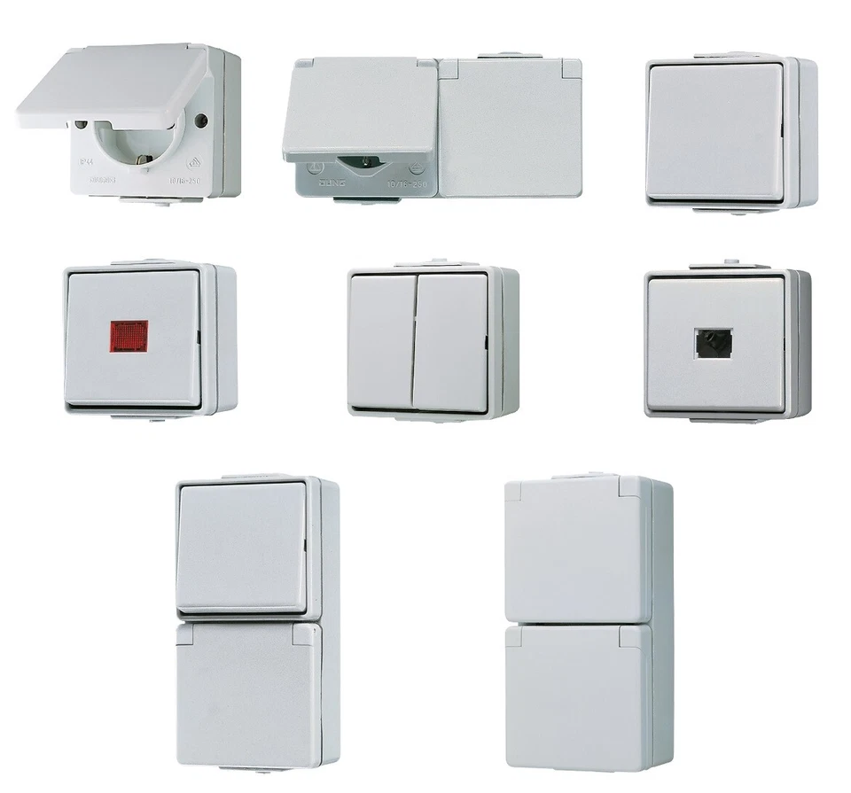 JUNG WG600 Aufputz IP44 Schalterprogramm Steckdose schalter grau zur Auswahl - Bild 1 von 1