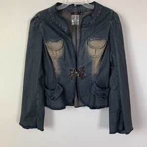 JON Distressed Embellished Rhinestone Denim Jacket Sz 10 B-F - Picture 1 of 4