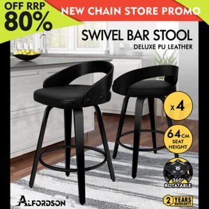 ALFORDSON 4x Swivel Bar Stools Caden Kitchen Wooden Dining Chair ALL BLACK - Picture 1 of 12