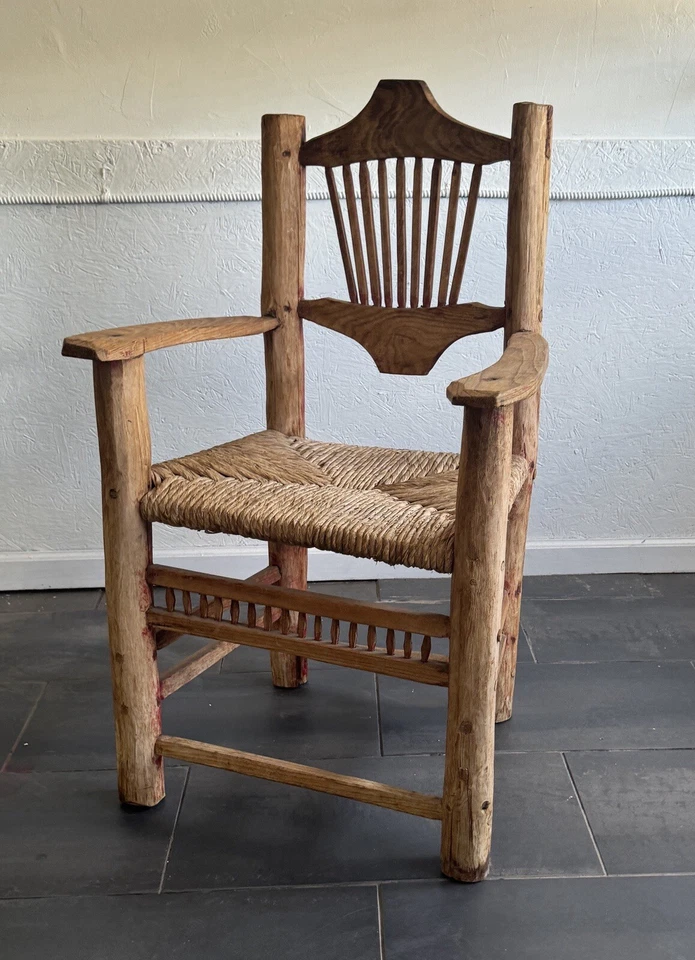 Sillón mexicano vintage hecho a mano de madera y Rush Southwestern Foto 1 de 4