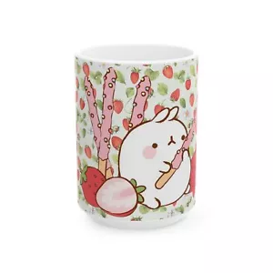 Süße Molang Erdbeere Pocky Keramiktasse, skurriles Geschenk, Tee Kaffeetasse, Frühling - Bild 1 von 16