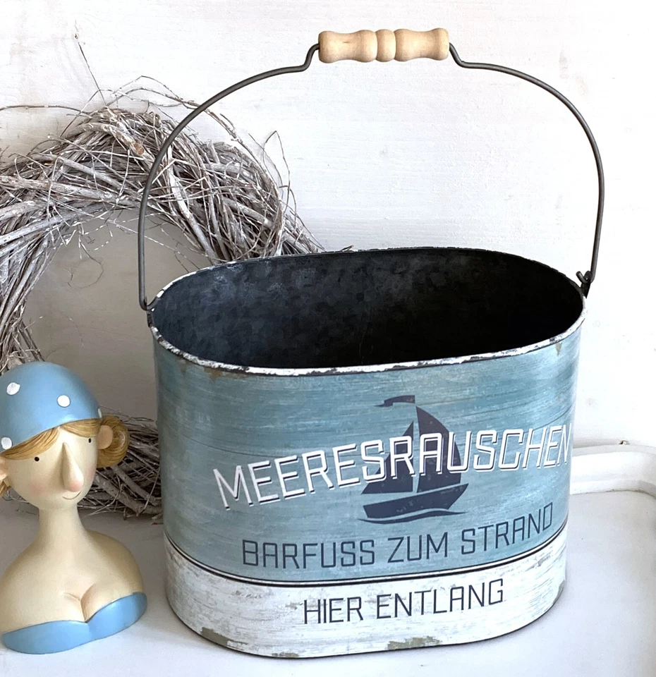Großer Übertopf Blumentopf Eimer m. Henkel Maritim * MEERESRAUSCHEN ...  * Blau - Bild 1 von 1
