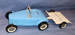 BUDDY L FORD HOT ROD COUPE IN BLUE WITH MOTORCYCLE TRAILER STEEL TOY SET 1960s - Picture 1 of 7
