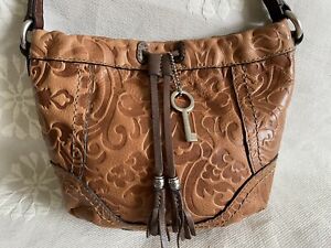 FOSSIL Winslet Brown Leather Embossed Tooled Small Hobo Shoulder Bag Purse