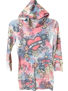 JUSTICE Girls Juniors Hoodie Floral Print Tunic Top Dress Sz 16 Pink Long Sleeve - Picture 1 of 7
