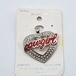 COWGIRL Heart Pendant Silvertone Rhinestones Red Enamel - Picture 1 of 5