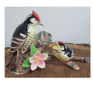 Vintage Bird Figurine Woodpecker and Baby Bird on Branch Cherry Blossom - Picture 1 of 4