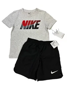 Nike NWT Boys Size 5 Gray T Shirt Black Shorts Red Logo 2 Piece Set Outfit - Picture 1 of 3